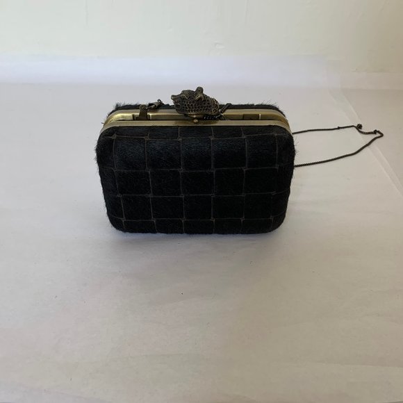Vintage Black and Gray Faux Leopard Print Furry Clutch Purse  Black Fur Clutch With Leopard Pendent